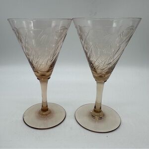 Vintage Amber Elegant Brown Etched Wine Glass Set